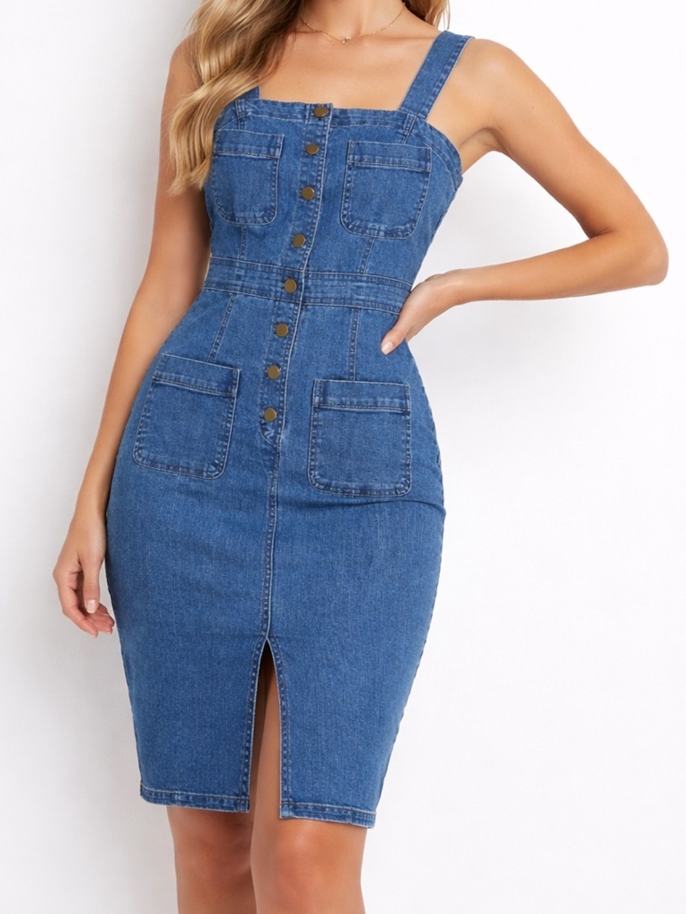 Haute Monde Blue Overalls Denim Button-Front Midi Dress Womens size small